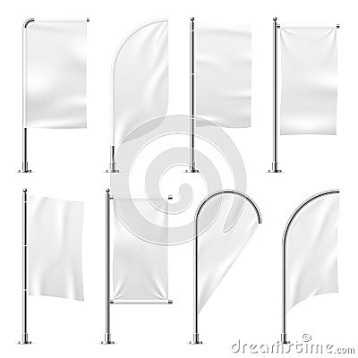 Beach flag. Template banner mockup white flags promotion event display exhibition 3d outdoor advertising realistic Vector Illustration