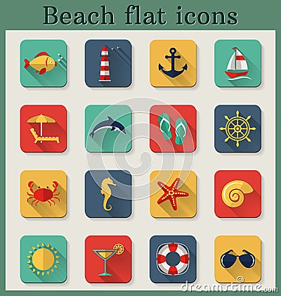 Beach flat icons. Vector set. Vector Illustration