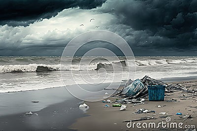 beach with floating trash and debris from storm, on a gray day Stock Photo