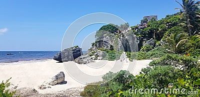 Beach front Mayan fortress ruins and temple near Tulum Stock Photo