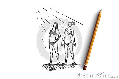 Beach, girl, summer, sea, sunbathe concept. Hand drawn isolated vector. Vector Illustration