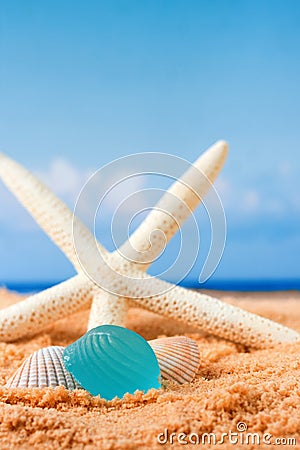 Beach glass and starfish Stock Photo