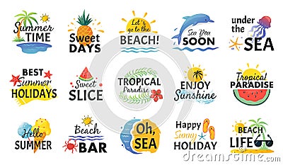 Beach hand drawn stickers. Summer vacation doodle labels, tropical travel logos and icons. Vector party card sketch set Vector Illustration