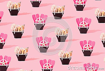 Beach handbag of shells aand fins on pink background. Beach vacation holiday concept. Summer relaxation idea Stock Photo
