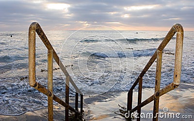 Beach Handrails to Ocean Stock Photo