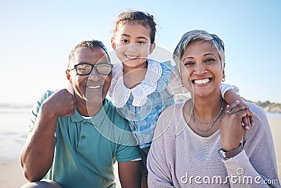 Beach, happy and portrait of grandparents with child for bonding, quality time and relax in nature. Family, love and Stock Photo