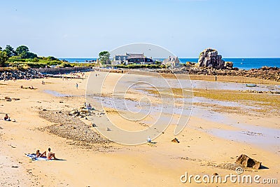 Beach and harbor of Pors Hir at low tide in Brittany, France Editorial Stock Photo