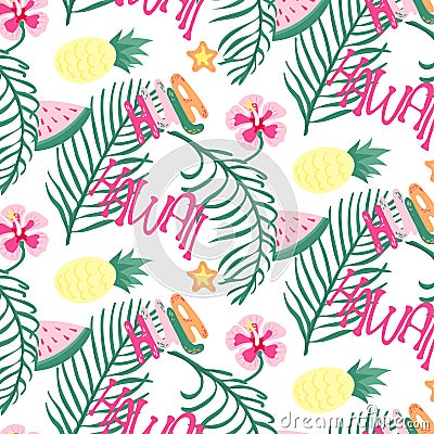 Beach Hawaii cheerful seamless pattern wallpaper of tropical dark green leaves of palm trees and flowers bird of paradise, Stock Photo