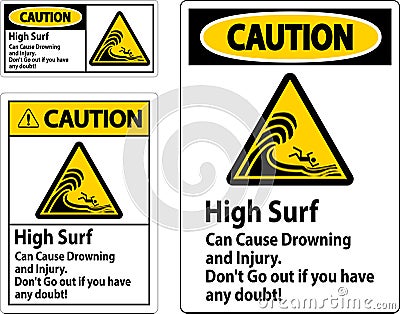 Beach Hazard Caution Sign, High Surf Can Cause Drowning And Injury. Don't Go Out If You Have Any Doubt Vector Illustration