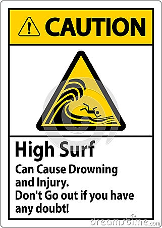 Beach Hazard Caution Sign, High Surf Can Cause Drowning And Injury. Don't Go Out If You Have Any Doubt Vector Illustration