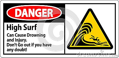 Beach Hazard Danger Sign, High Surf Can Cause Drowning And Injury. Don't Go Out If You Have Any Doubt Vector Illustration