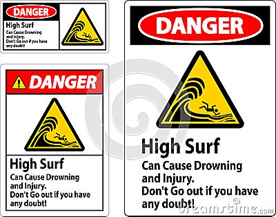 Beach Hazard Danger Sign, High Surf Can Cause Drowning And Injury. Don't Go Out If You Have Any Doubt Vector Illustration