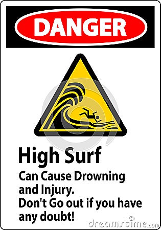 Beach Hazard Danger Sign, High Surf Can Cause Drowning And Injury. Don't Go Out If You Have Any Doubt Vector Illustration