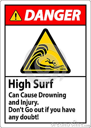 Beach Hazard Danger Sign, High Surf Can Cause Drowning And Injury. Don't Go Out If You Have Any Doubt Vector Illustration