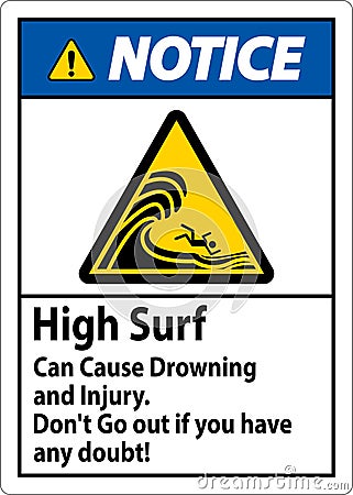 Beach Hazard Notice Sign, High Surf Can Cause Drowning And Injury. Don't Go Out If You Have Any Doubt Vector Illustration