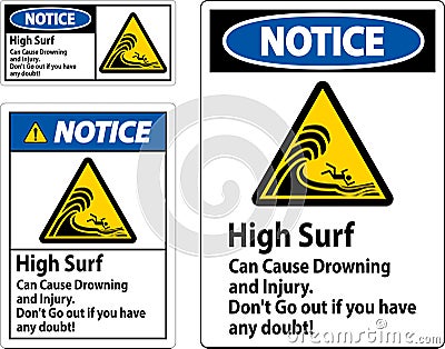 Beach Hazard Notice Sign, High Surf Can Cause Drowning And Injury. Don't Go Out If You Have Any Doubt Vector Illustration