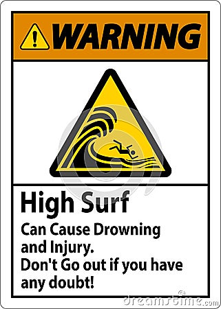 Beach Hazard Warning Sign, High Surf Can Cause Drowning And Injury. Don't Go Out If You Have Any Doubt Vector Illustration