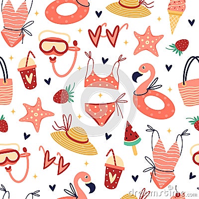 Beach holiday clothes and accessories seamless vector pattern. Attributes of summer vacation female - swimsuit, hat, diving mask Stock Photo