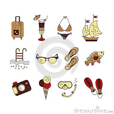Beach holiday vector colored icons. Vector Illustration