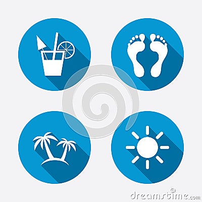 Beach holidays icons. Cocktail, human footprints Vector Illustration