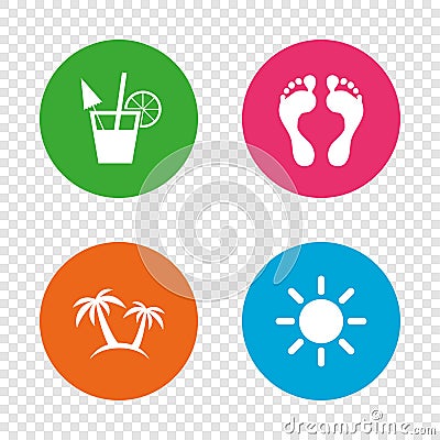 Beach holidays icons. Cocktail, human footprints. Vector Illustration