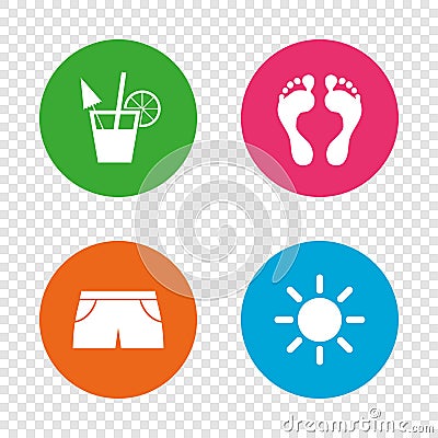 Beach holidays icons. Cocktail, human footprints. Vector Illustration