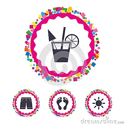 Beach holidays icons. Cocktail, human footprints. Vector Illustration