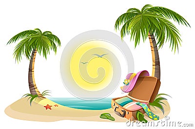 Beach holidays on summer vacations. Tropical sun, sea, palm trees, sand and open suitcase Vector Illustration