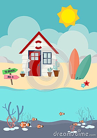 Beach house and cactus and surfboard on the beach with clownfish in the sea Vector Illustration