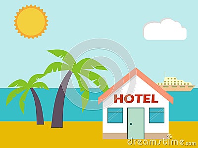 Beach house hotel. Flat scene with house, sea, sun, sheep and pa Vector Illustration