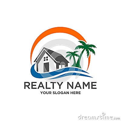 Beach house Real estate, construction logo Vector Illustration