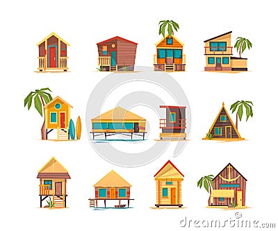 Beach houses. Funny buildings for summer vacation tropical bungalow cabins and constructions vector Vector Illustration