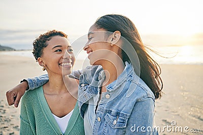 Beach, hug and queer couple with love, lesbian and happiness with marriage, romance and relationship. Lgbtq, female Stock Photo