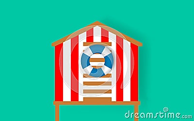 Beach hut and lifebuoy on the seacoast Vector Illustration