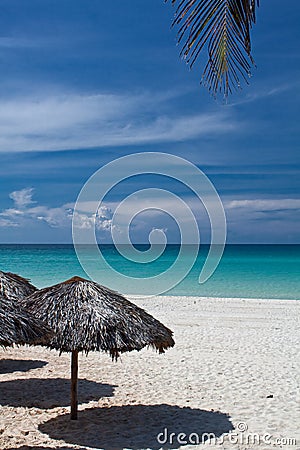 Beach huts and palm leaf Stock Photo