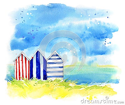 Beach huts by the sea, watercolor painting Stock Photo