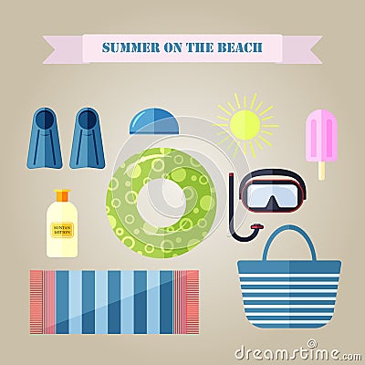 Beach icon. Set of flat beach items for summer holiday and travel Vector Illustration
