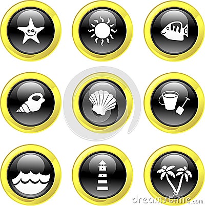 Black Gold Glassy Bubble Button Beach Icons Stock Photo