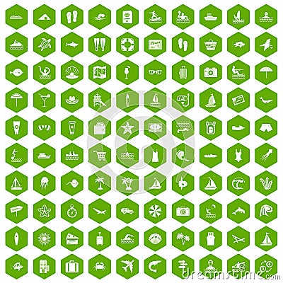 100 beach icons hexagon green Vector Illustration