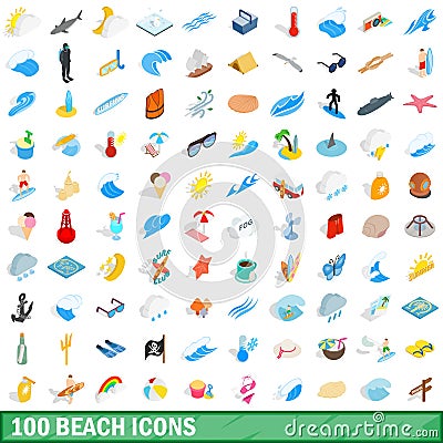 100 beach icons set, isometric 3d style Vector Illustration