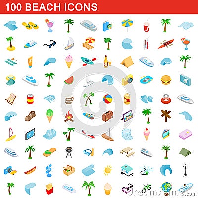 100 beach icons set, isometric 3d style Vector Illustration