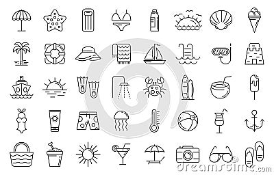 Beach icons set, outline style Vector Illustration