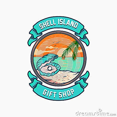 Beach illustration logo with shell, pearl, coconut tree, sunset sunrise tropical icon design, in trendy colorful hipster badge Vector Illustration