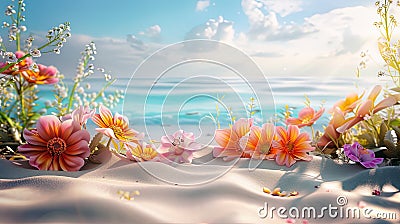 a beach-inspired background with light sand adorned by scattered flowers as decor, with ample copy space, evoking a Stock Photo