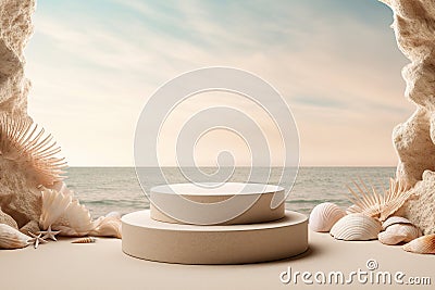 Beach-inspired product display with a beige podium, surrounded by an assortment of seashells and corals, against a Stock Photo