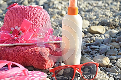 Beach items for resort flat lay. Top view, things for swimming and relaxation, sunbathing on the beach on the beach Stock Photo