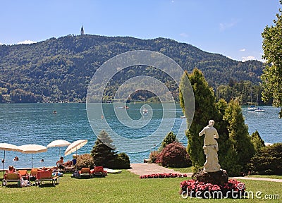 Beach on Lake Worth (Worthersee). Austria Editorial Stock Photo