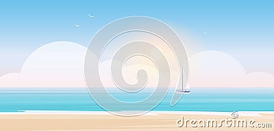 Beach landscape, cartoon seascape scenery with sea or ocean water waves, yacht sailboat Vector Illustration