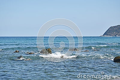 beach landscape at couple rock Meotoiwa for lover with white column on beach in Fukuoka Japan Stock Photo