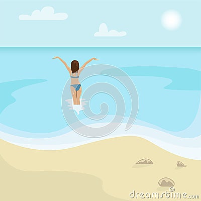Beach landscape. Girl in a swimsuit is in the sea. Vector Illustration